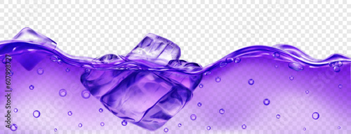 Translucent purple ice cubes floating in water with air bubbles, isolated on transparent background. Transparency only in vector format