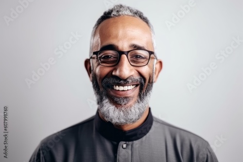 Portrait of an Indian senior man wearing glasses and smiling at the camera
