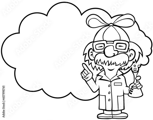 Cartoon of a scientist holding a flask and wearing a beanie with a propeller.