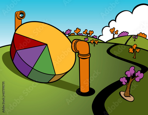 Cartoon of periscopes looking at a pie chart sitting out in the open.