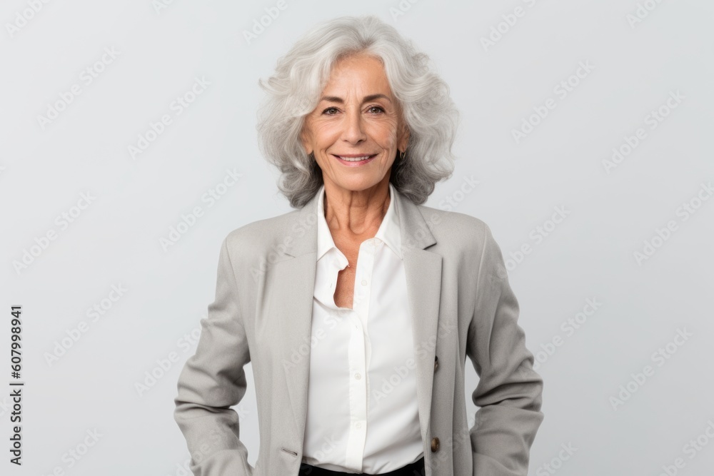 Medium shot portrait photography of a satisfied woman in her 60s that is wearing a classic blazer against a white background . Generative AI Medium shot portrait photography of a satisfied woman in her 60s that is wearing a classic blazer against a white background . Generative AI