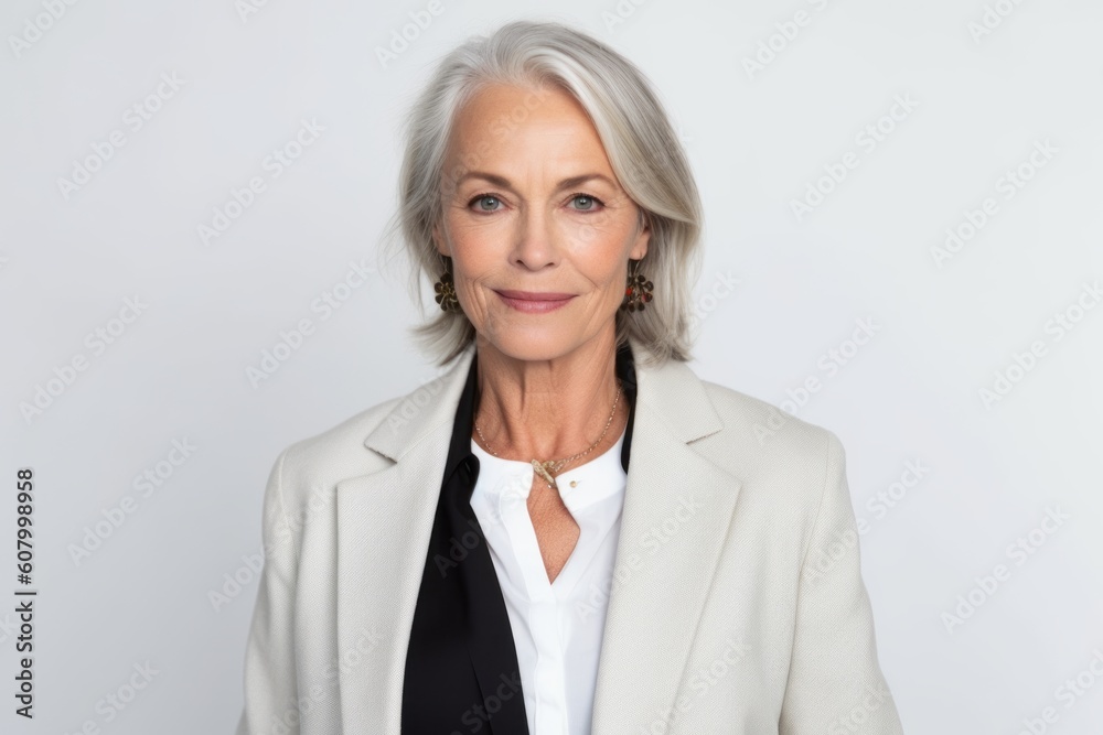 Medium shot portrait photography of a satisfied woman in her 60s that is wearing a classic blazer against a white background . Generative AI Medium shot portrait photography of a satisfied woman in her 60s that is wearing a classic blazer against a white background . Generative AI