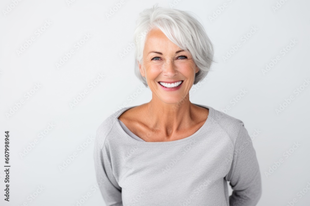 Lifestyle portrait photography of a grinning woman in her 60s on a white background Lifestyle portrait photography of a grinning woman in her 60s on a white background