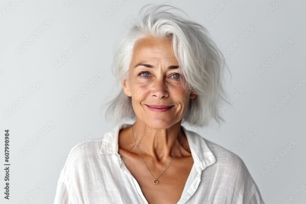 Close up portrait of senior woman with grey hair looking at camera, isolated on grey background