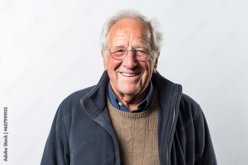 Portrait of a senior man with glasses smiling at the camera.