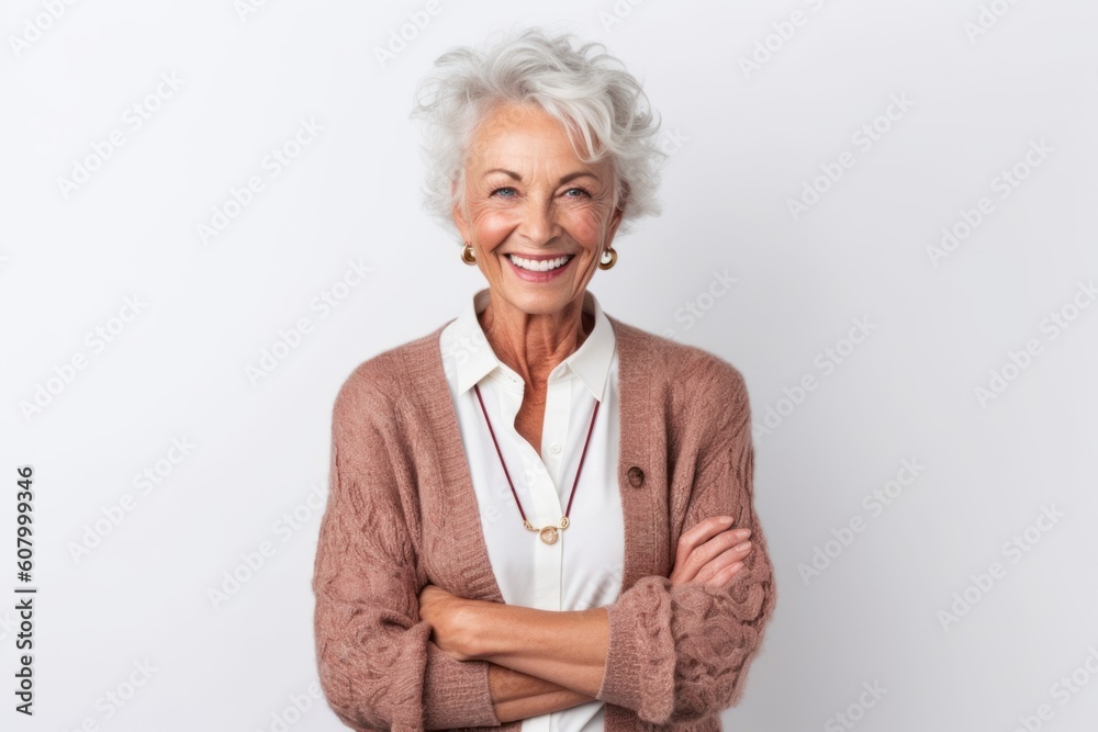 Portrait of smiling senior woman standing with arms crossed over white background Portrait of smiling senior woman standing with arms crossed over white background