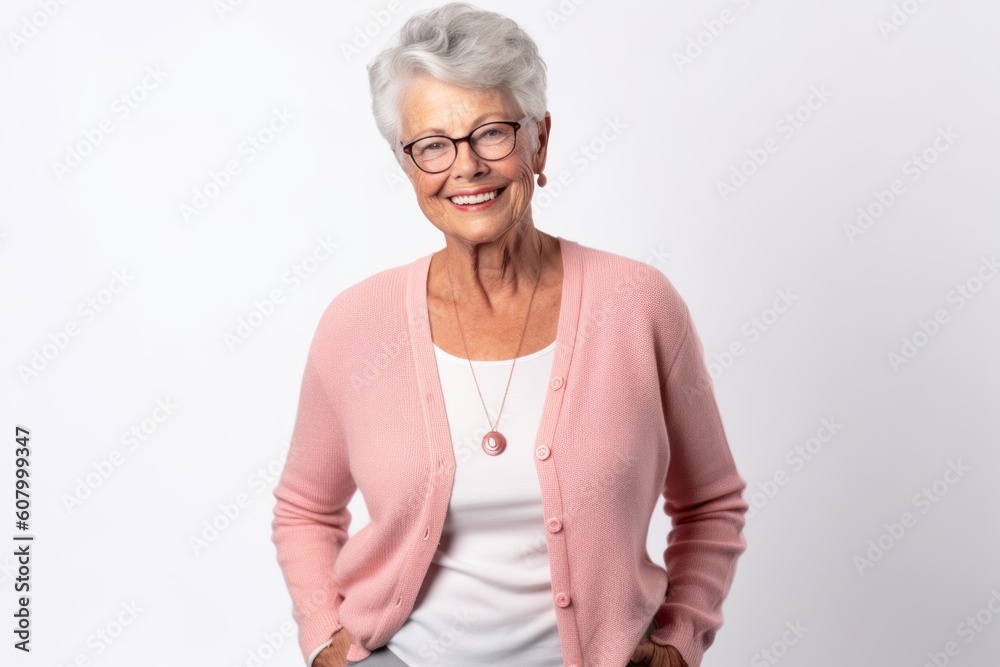 Portrait of smiling senior woman with eyeglasses on white background Portrait of smiling senior woman with eyeglasses on white background