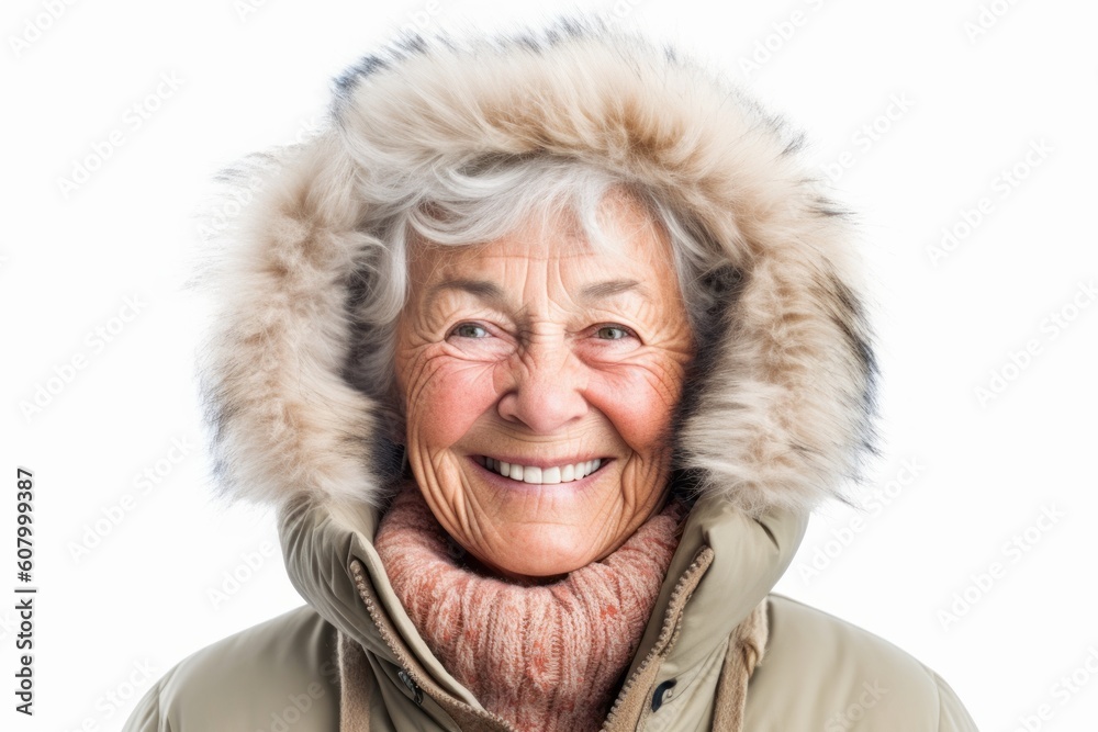 Portrait of a senior woman in winter clothes on a white background Portrait of a senior woman in winter clothes on a white background