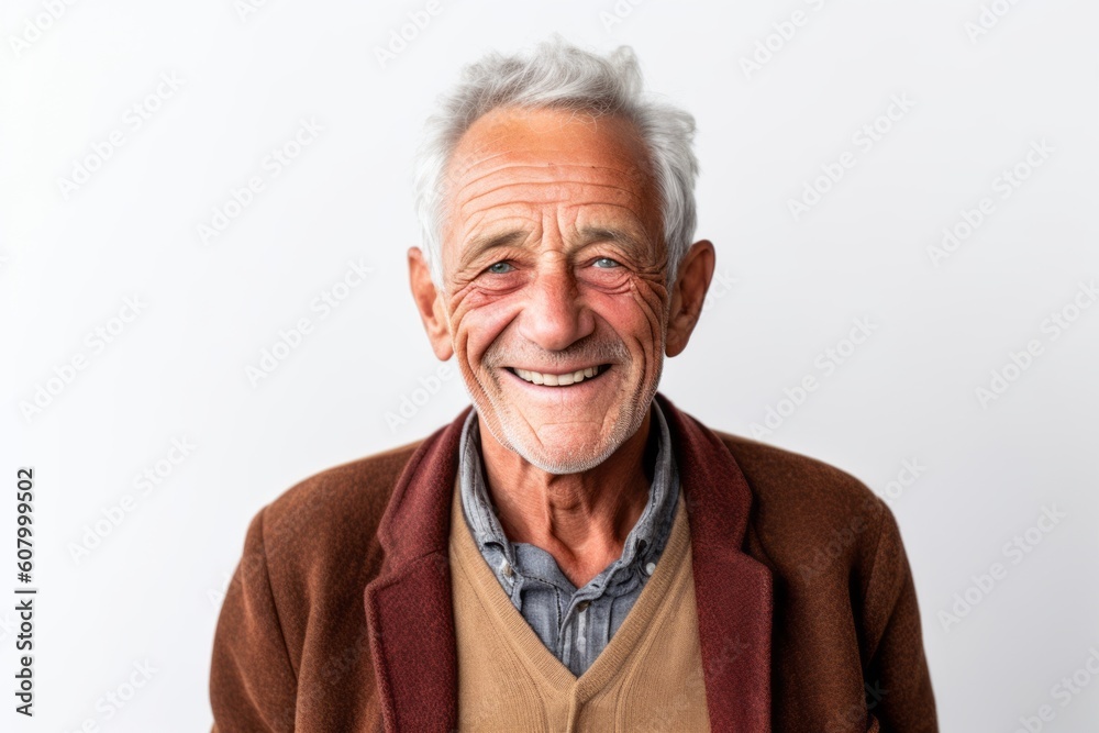 Portrait of a happy senior man smiling at the camera on white background