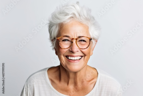 Portrait of a smiling senior woman wearing eyeglasses over white background