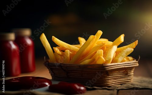 French fries with ketchup served in the kitchen. Ai generative illustration