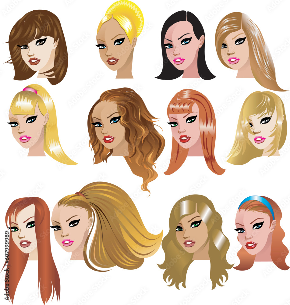 Vector Illustration of White Women Faces. Great for avatars, makeup, skin tones or hair styles of Caucasian women. Vector Illustration of White Women Faces. Great for avatars, makeup, skin tones or hair styles of Caucasian women.
