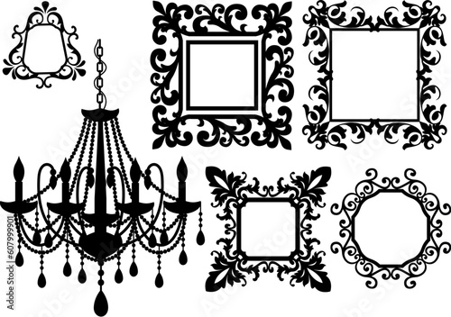 antique picture frames and crystal chandelier silhouette, vector