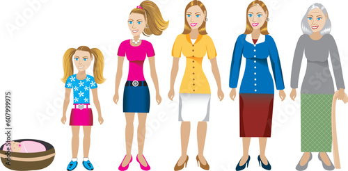 Female age progression, available for males and in different skin tones. Six different ages. Vector Illustration.