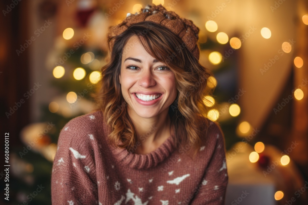 Portrait of smiling young woman in knitted sweater at home on christmas eve Portrait of smiling young woman in knitted sweater at home on christmas eve