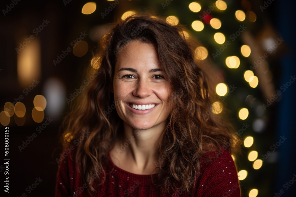 Medium shot portrait photography of a grinning woman in her 30s that is wearing a chic cardigan against a christmas or holiday themed background . Generative AI Medium shot portrait photography of a grinning woman in her 30s that is wearing a chic cardigan against a christmas or holiday themed background . Generative AI