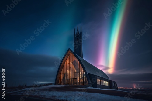 a church building in a snowy landscape created with Generative AI technology