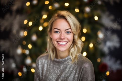 Portrait of a beautiful young woman smiling in front of a Christmas tree