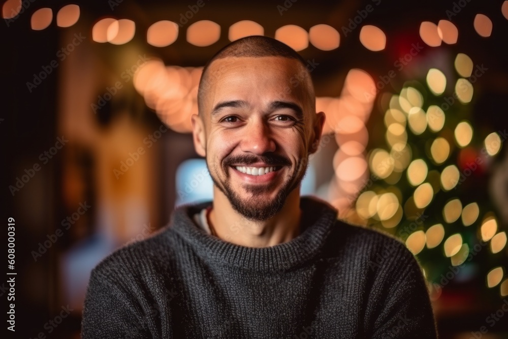 Portrait of a handsome young man with a beard and mustache in a sweater on the background of a Christmas tree
