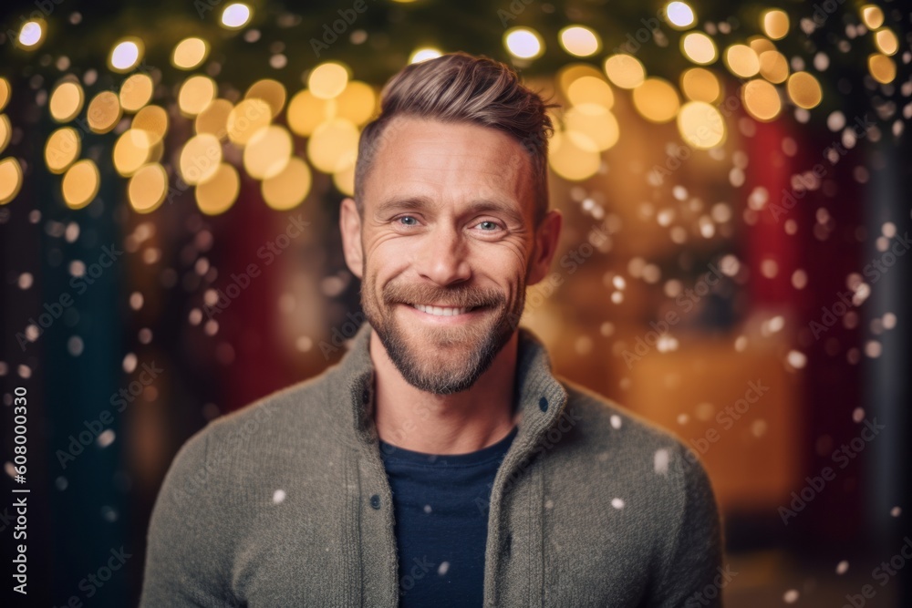 Handsome young man smiling and looking at camera while standing against defocused lights. Handsome young man smiling and looking at camera while standing against defocused lights.
