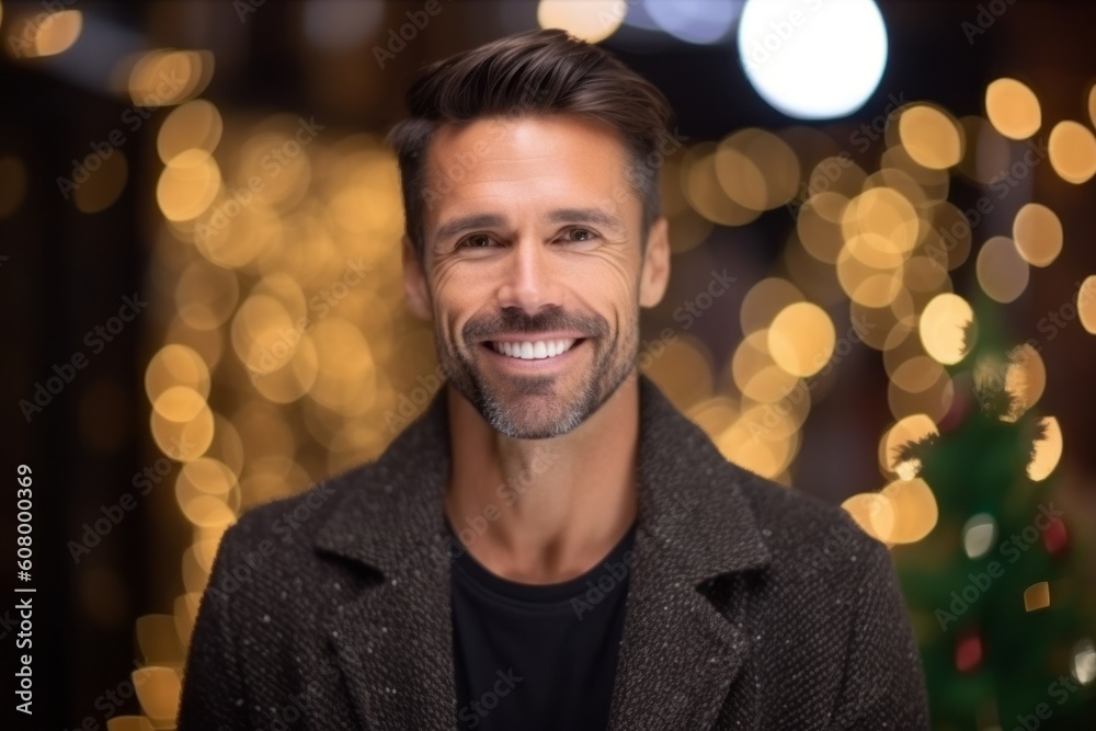Portrait of a handsome man in a coat on a background of Christmas lights Portrait of a handsome man in a coat on a background of Christmas lights
