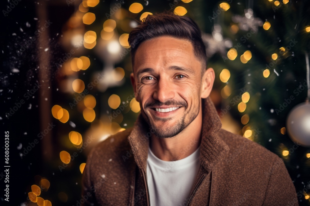 Handsome man smiling and looking at camera while standing against christmas tree Handsome man smiling and looking at camera while standing against christmas tree