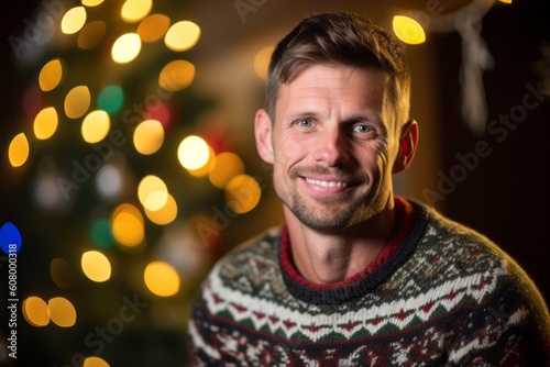 Portrait of a handsome young man in sweater on Christmas background.