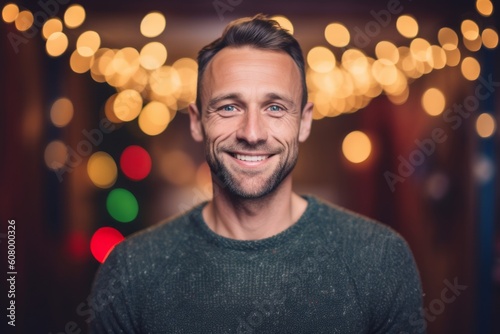 Portrait of a handsome young man smiling and looking at camera in a pub.