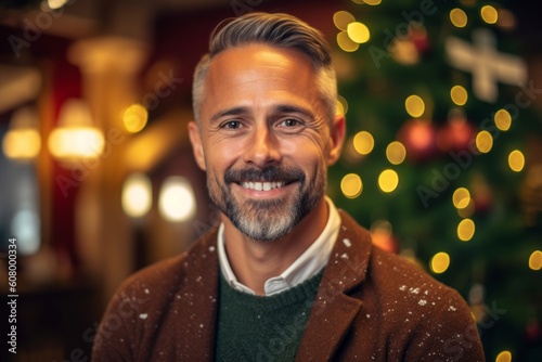 Portrait of handsome man in winter coat smiling at camera in cafe