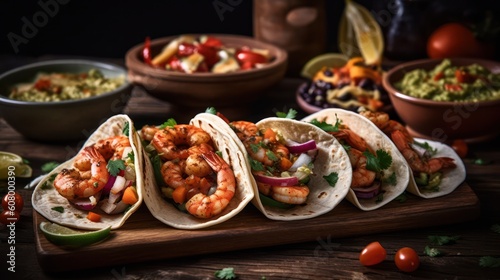 Traditional Mexican tacos with shrimp and vegetables on a wooden board served with sauces. Generative AI