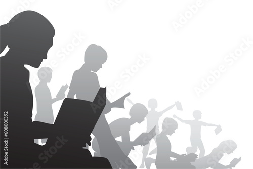 Editable vector foreground illustration of children reading books