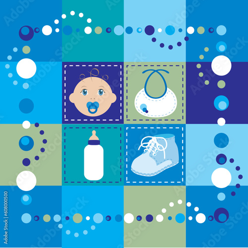 Vector Illustration of baby boy quilt. Patchwork or sewing, background.