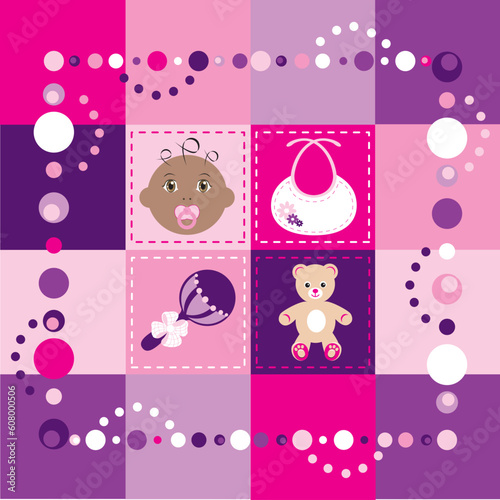 Vector Illustration of baby girl quilt. Patchwork or sewing, background.