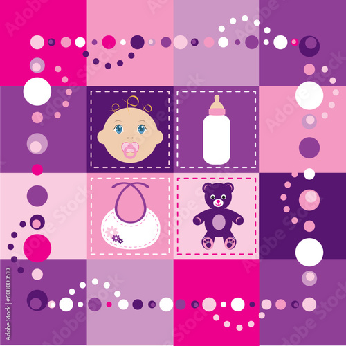 Vector Illustration of baby girl quilt 2. Patchwork or sewing, background.