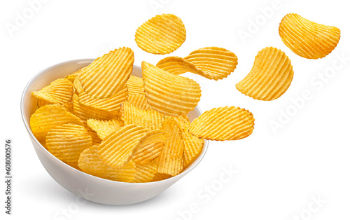 Ridged potato chips in bowl isolated on white background