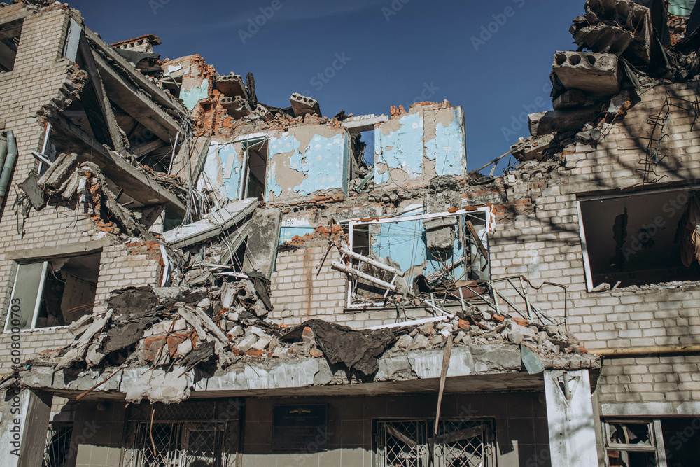 Mykolaiv, Ukraine- March 11, 2023: Ruined and destroyed institute, infrastructure object, Hostel building by Russian air bomb. War concept in Ukraine. Destruction of civil buildings. People died