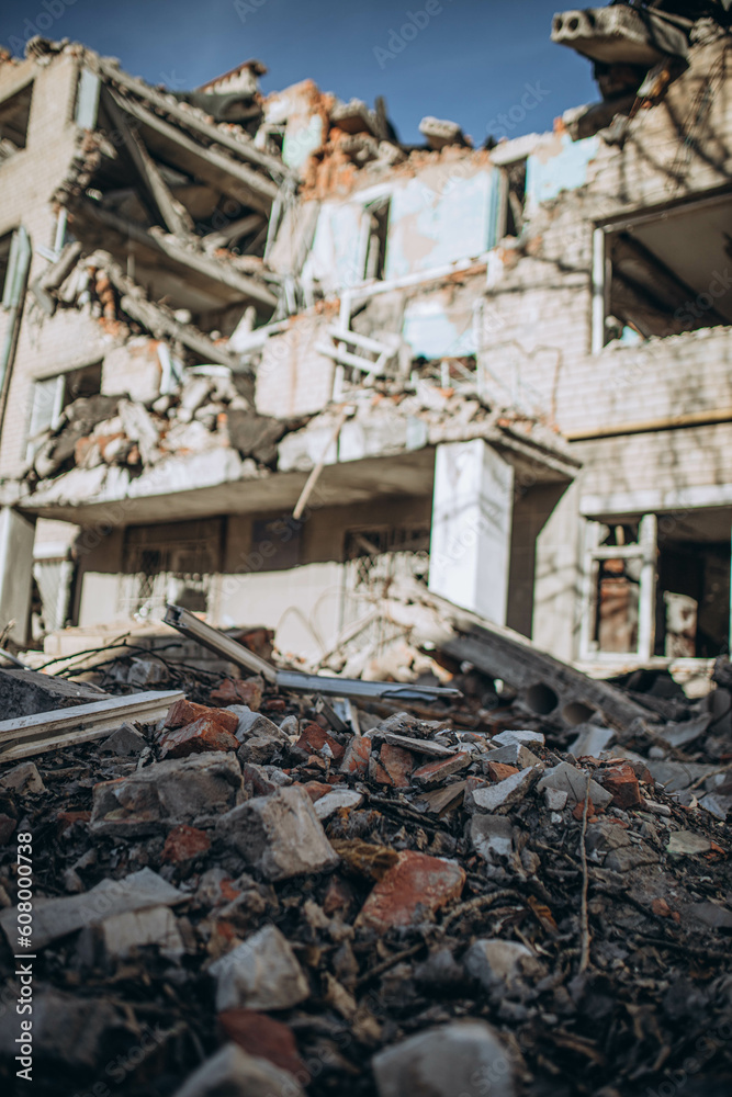Mykolaiv, Ukraine- March 11, 2023: Ruined and destroyed institute, infrastructure object, Hostel building by Russian air bomb. War concept in Ukraine. Destruction of civil buildings. People died Mykolaiv, Ukraine- March 11, 2023: Ruined and destroyed institute, infrastructure object, Hostel building by Russian air bomb. War concept in Ukraine. Destruction of civil buildings. People died