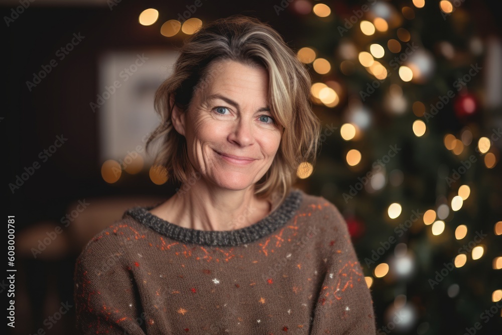 Portrait of smiling middle aged woman with christmas tree in background Portrait of smiling middle aged woman with christmas tree in background