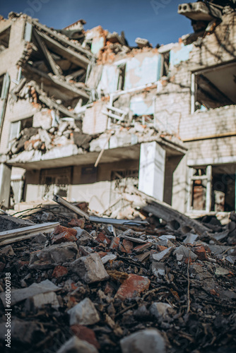 Mykolaiv, Ukraine- March 11, 2023: Ruined and destroyed institute, infrastructure object, Hostel building by Russian air bomb. War concept in Ukraine. Destruction of civil buildings. People died