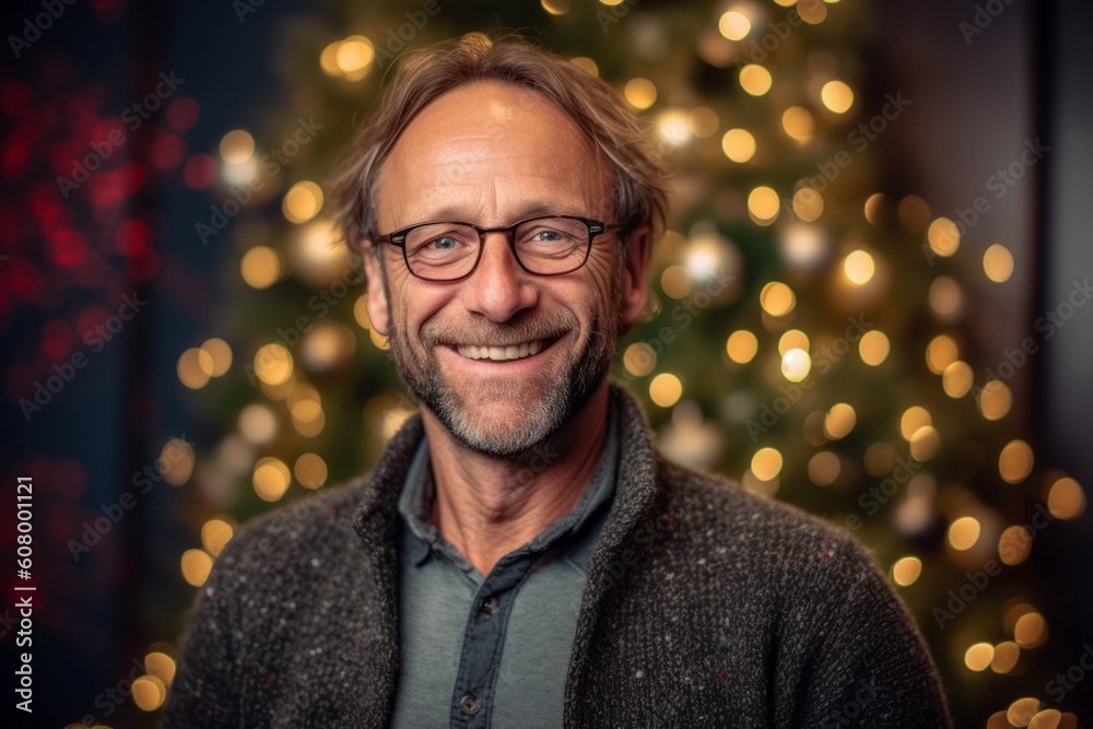 Portrait of a smiling middle-aged man with glasses in front of a Christmas tree
