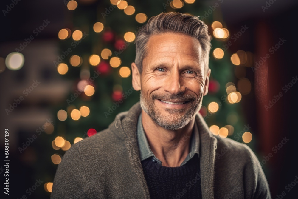 Handsome mature man smiling at camera while standing against blurred christmas lights Handsome mature man smiling at camera while standing against blurred christmas lights