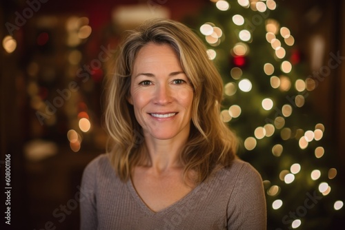 Portrait of smiling woman standing in front of christmas tree at home