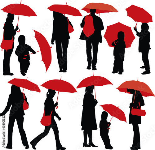 Set of vector silhouettes of people with red umbrella