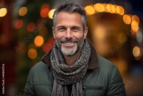 Portrait of a handsome middle-aged man with a gray beard and moustache on the background of a Christmas market