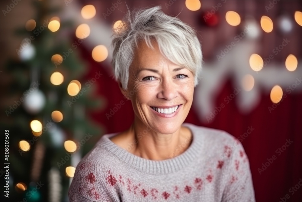 Portrait of smiling senior woman in front of christmas tree at home Portrait of smiling senior woman in front of christmas tree at home