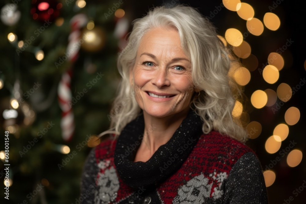 Portrait of a beautiful senior woman on christmas background with lights Portrait of a beautiful senior woman on christmas background with lights