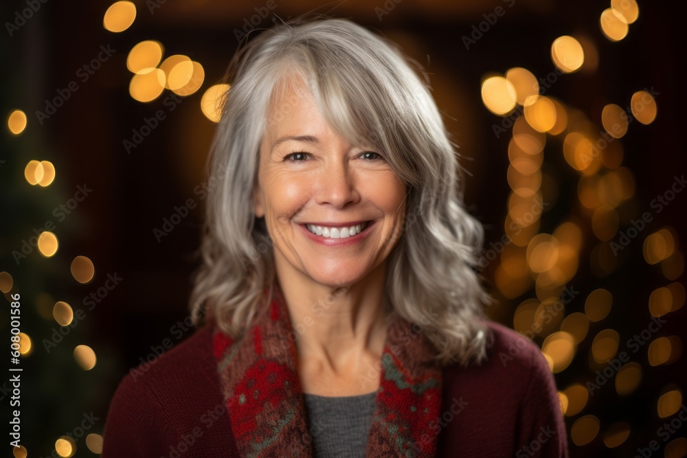 Portrait of a smiling senior woman with Christmas lights in the background