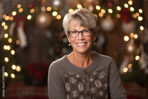 Portrait of smiling senior woman in front of christmas tree.