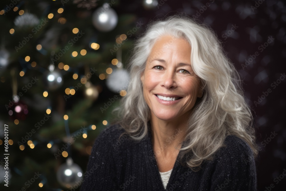 Portrait of smiling senior woman with christmas tree in the background Portrait of smiling senior woman with christmas tree in the background