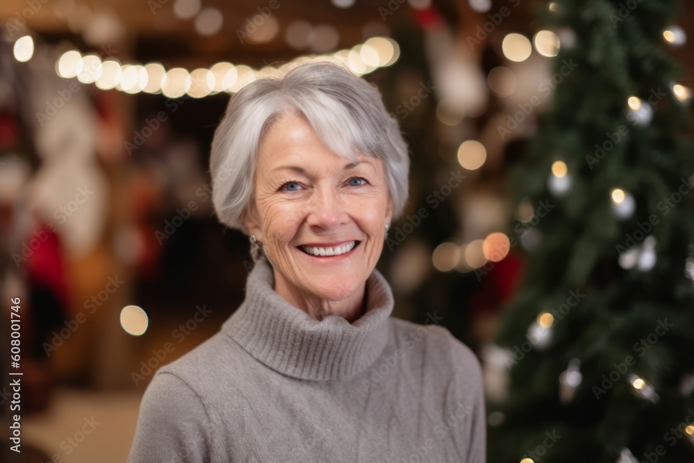 Portrait of a smiling senior woman in front of christmas tree